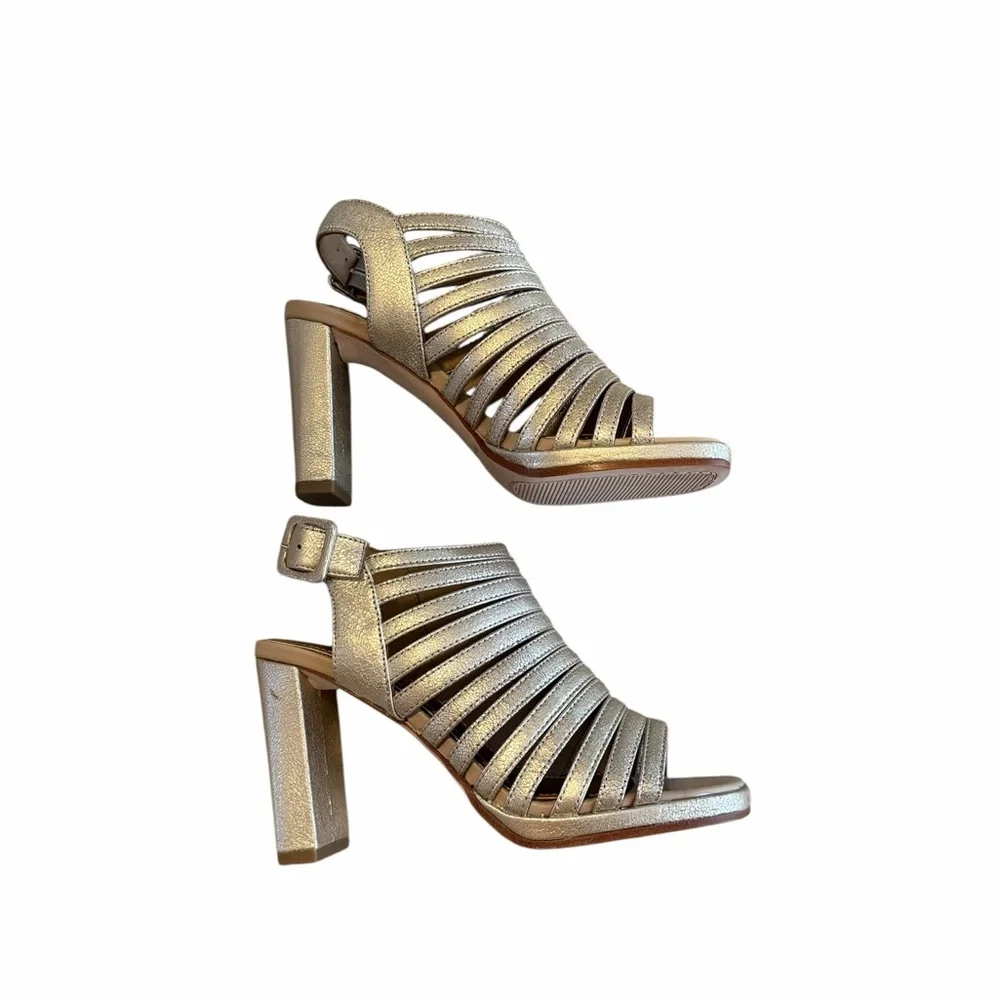 Donald J Pliner Sevanna Strappy Block Heel Sandal Leather Platino Metallic 6.5